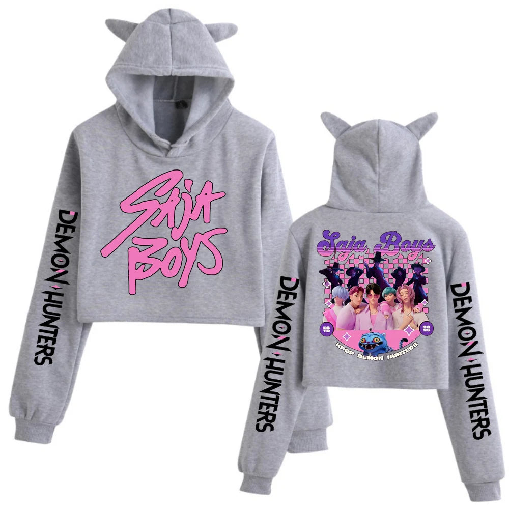 Anime K-Pop Demon Hunters Saja Boys Crop Tops Cat Ears Sweatshirt Long Sleeve Girls Fashion Hoodie