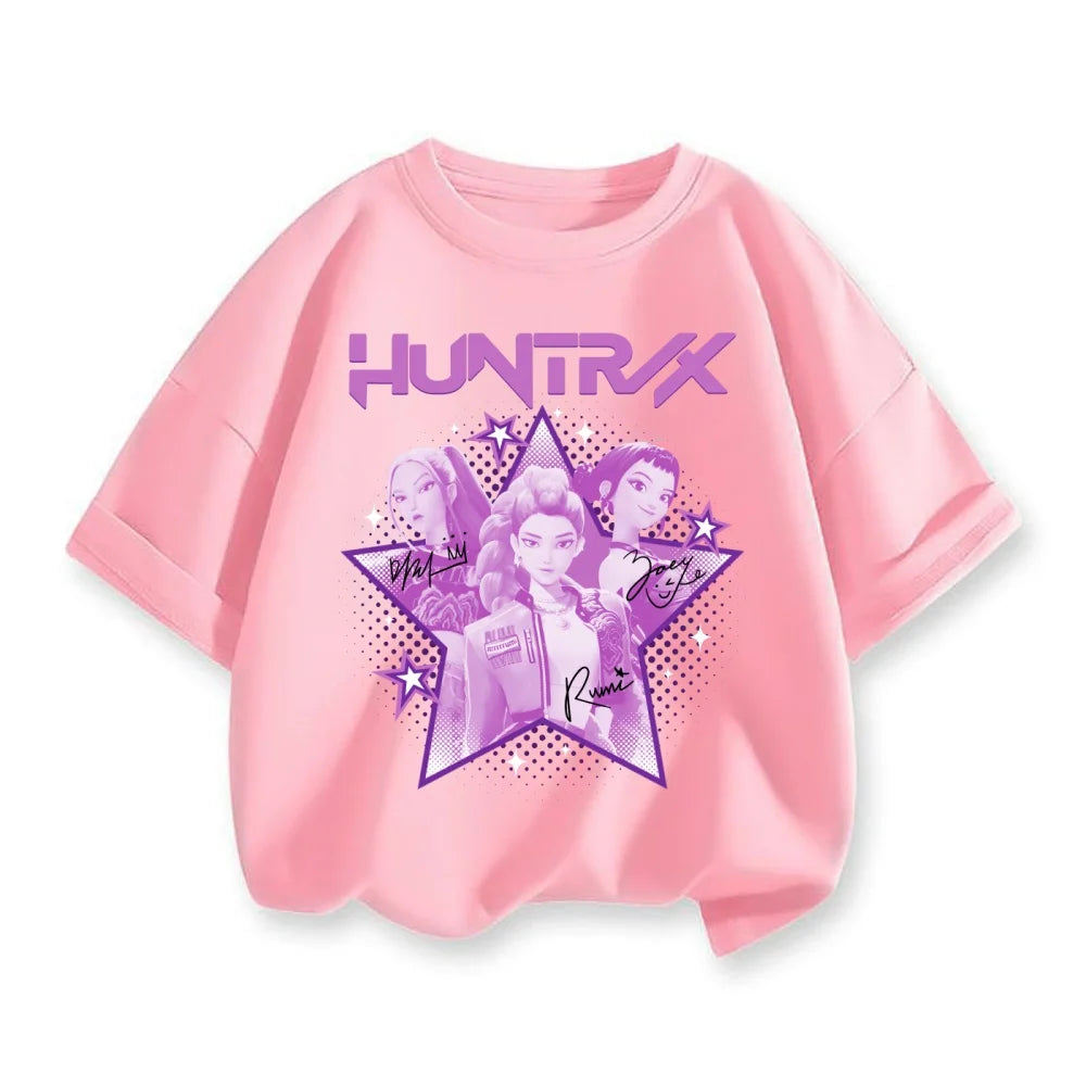 Cute Cartoon Kpop Demon Hunters Huntrix T-shirts Summer Boys Girls Short Sleeve Round Neck Tops Anime Kpop Demon Hunters T Shirt