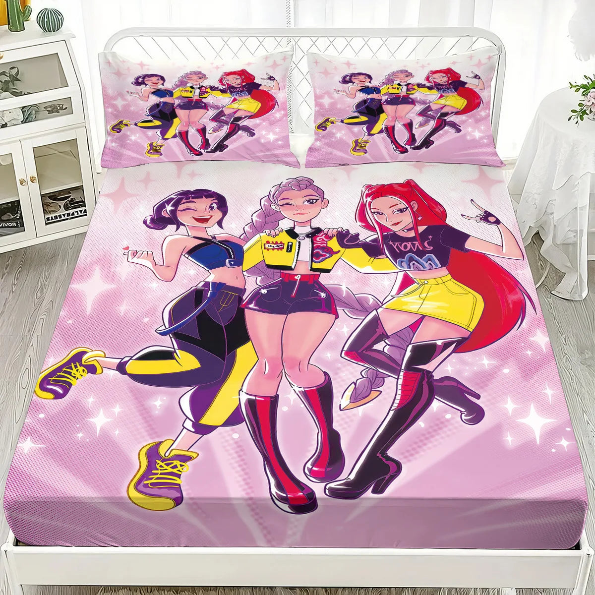 1PC KPOP Fitted Sheet Demon Hunters Soft Polyester Bed Fitted Sheet With Elastic Band Home Decorations Birthday Gifts for Girls