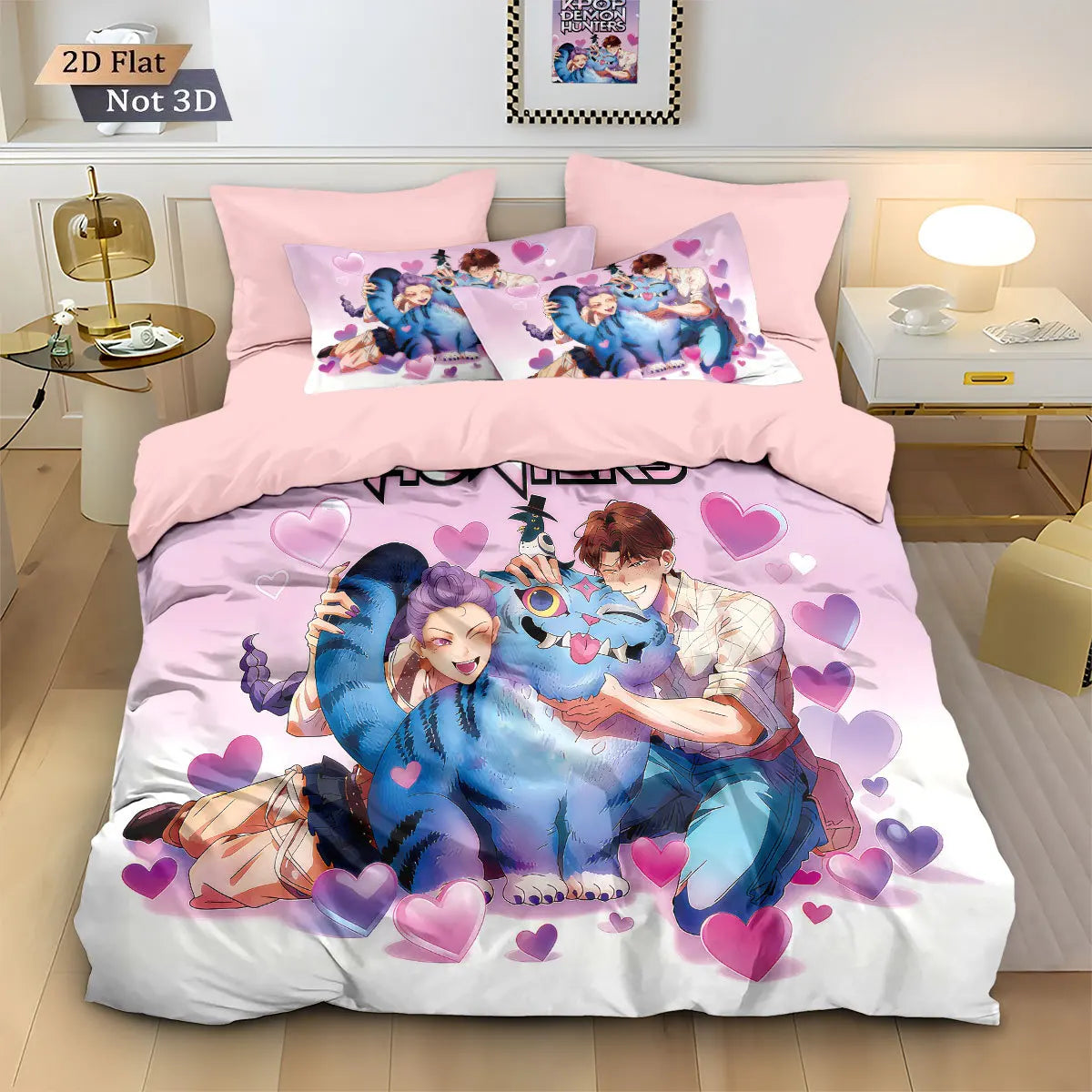 K-Pop Bedding Set Demon Hunters Themed Pink Print Polyester Student Dormitory Bed Sheet Duvet Cover Kid Gift Home Textile