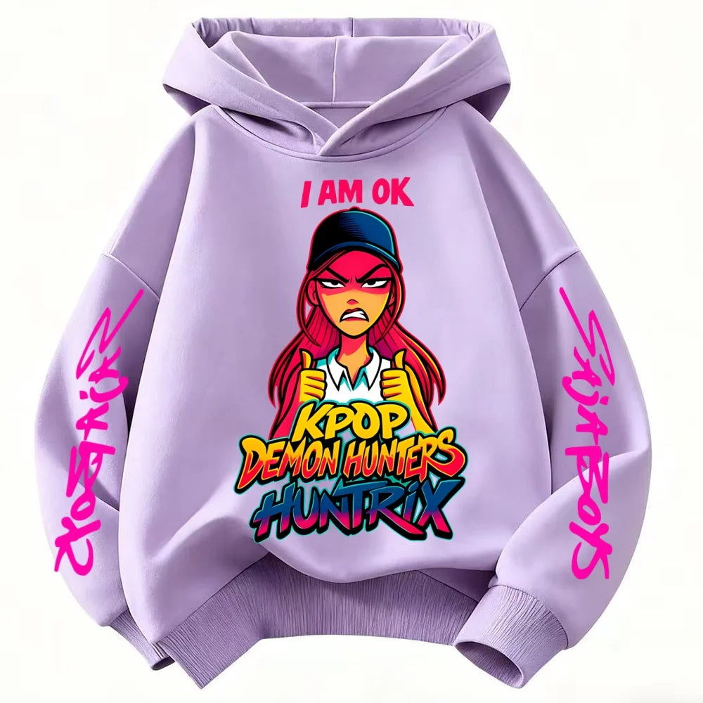 Cute Derpy KPop Demon Hunter Cartoon Girls Hooded Sweatshirt Warm Children's Wave Fashion Casual Tops Casual Black Pink Clothing