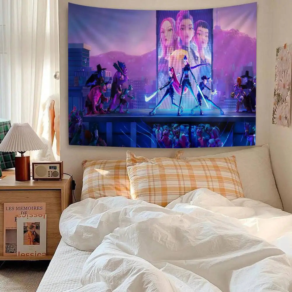 Kpop D-demon Hunters Anime Tapestry Hippie Flower Wall Carpets Dorm Decor Wall Hanging Home Decor
