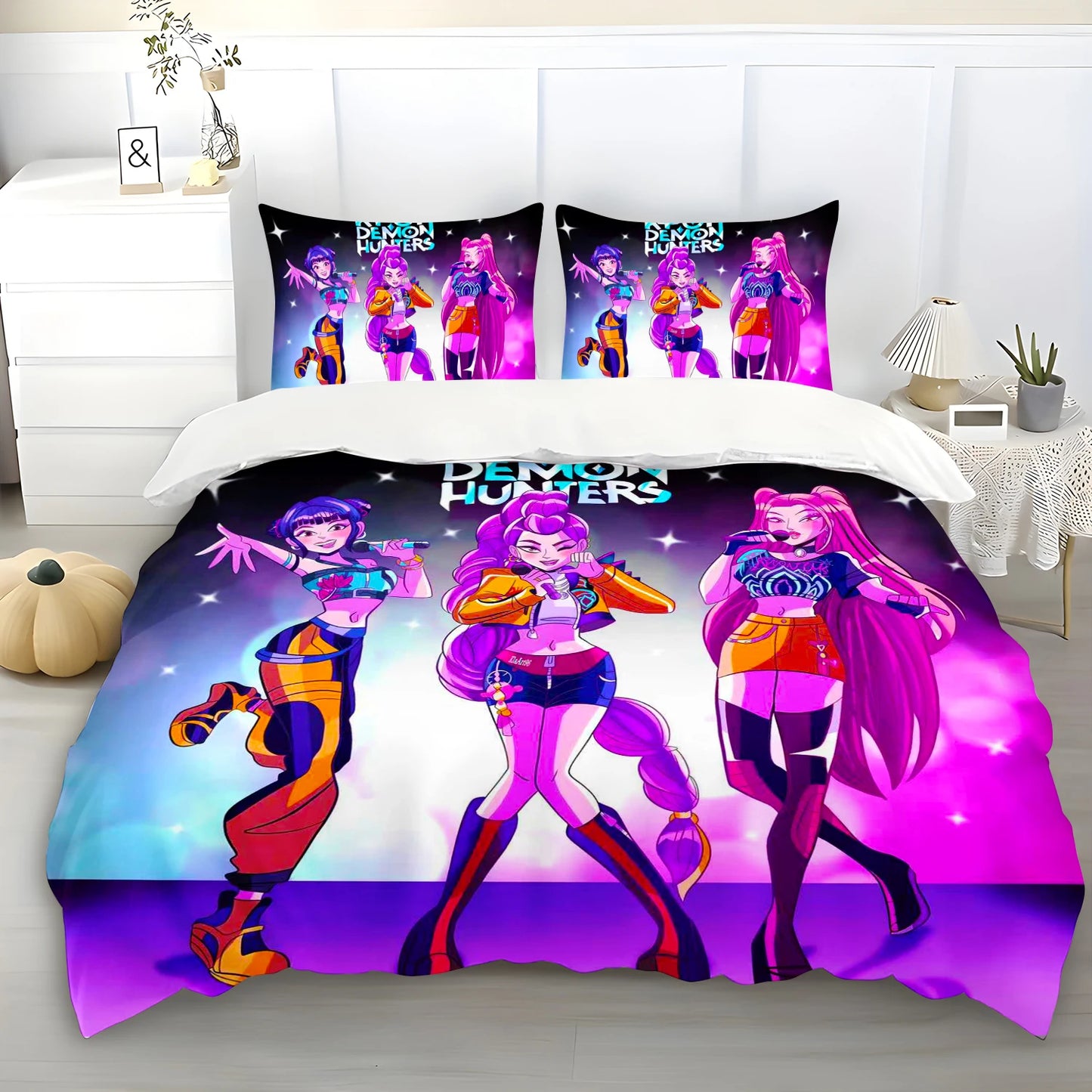 K-Pop Demon Hunters Themed Bedding Set Colorful Print Duvet Cover & Bed Sheet Student Dormitory Textile Kid Gift