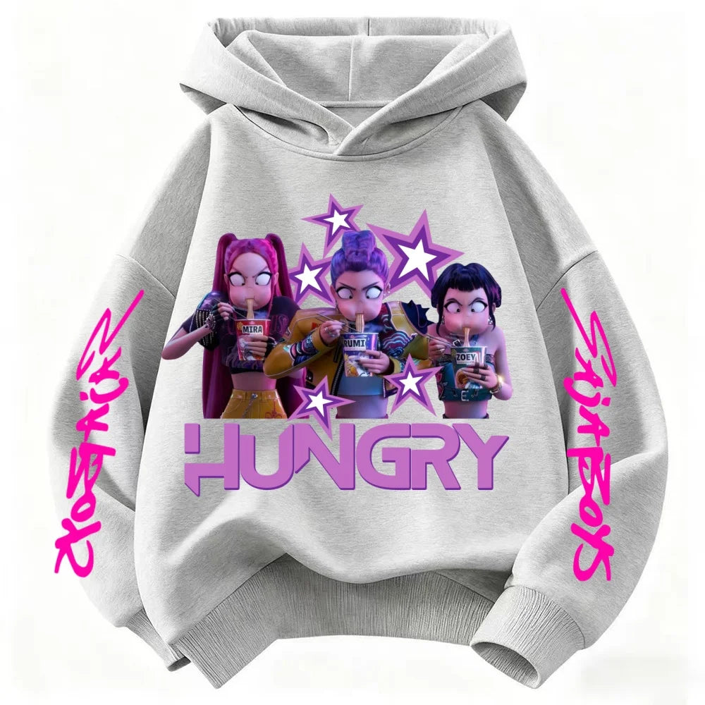 KPop Demon Hunter Cartoon Cute Girls Hooded Sweatshirt Warm Rumi Children's Wave Fashion Casual Tops Casual Black Pink Clothing
