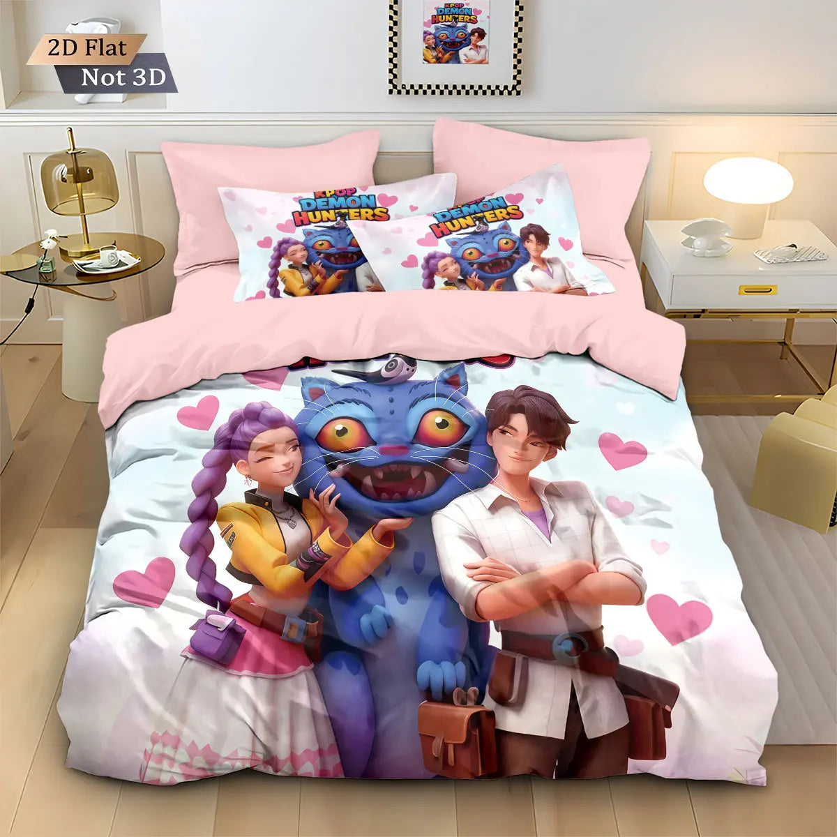 K-Pop Bedding Set Demon Hunters Themed Pink Print Polyester Student Dormitory Bed Sheet Duvet Cover Kid Gift Home Textile