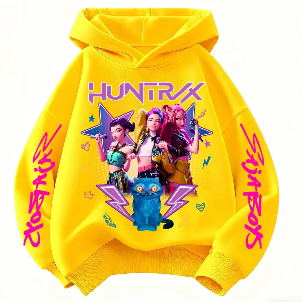 Demone Hunter Girl's Pink Hooded Streetwear Autumn Cute Anime Baby Pullover Kids Y2K Kawaii Long Sleeved T-shirt Casual Clothes