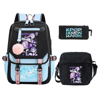 KPop Demon Hunters Backpack Shoulder Bag Pencil Case Three Piece Set Children Fashion Casual SchoolBag Saja Boys Travel Backpack