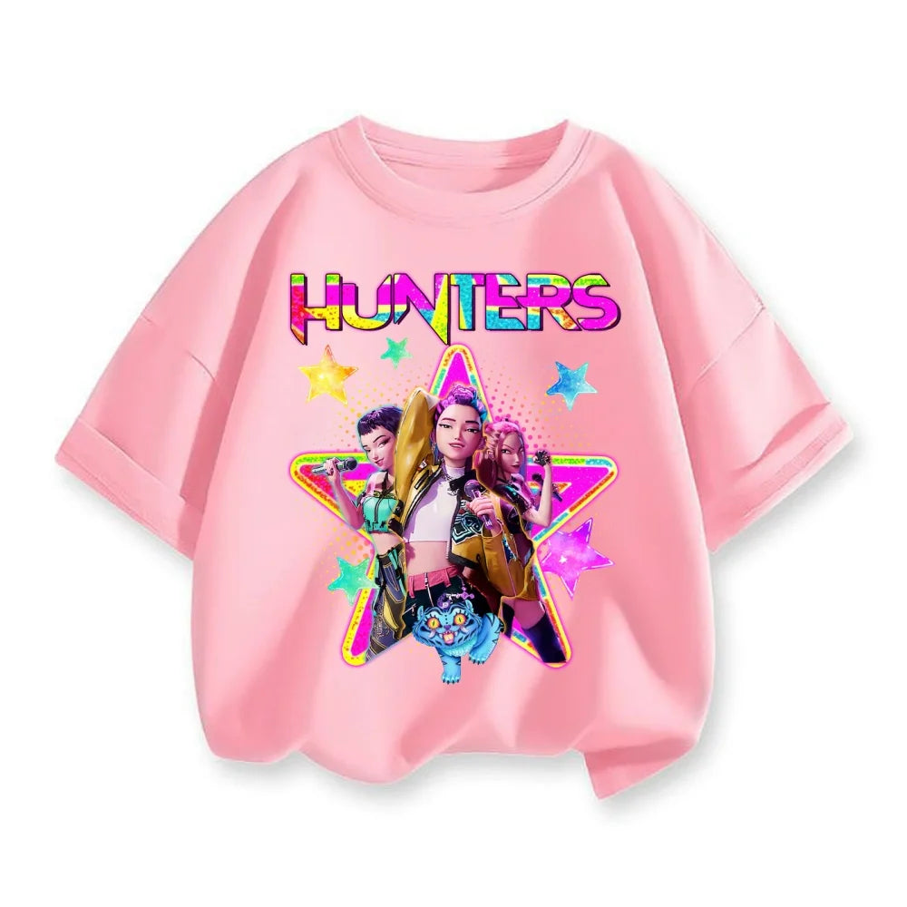 Cute Cartoon Kpop Demon Hunters Huntrix T-shirts Summer Boys Girls Short Sleeve Round Neck Tops Anime Kpop Demon Hunters T Shirt