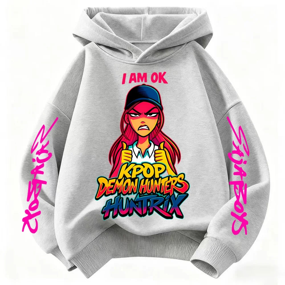 Cute Derpy KPop Demon Hunter Cartoon Girls Hooded Sweatshirt Warm Children's Wave Fashion Casual Tops Casual Black Pink Clothing