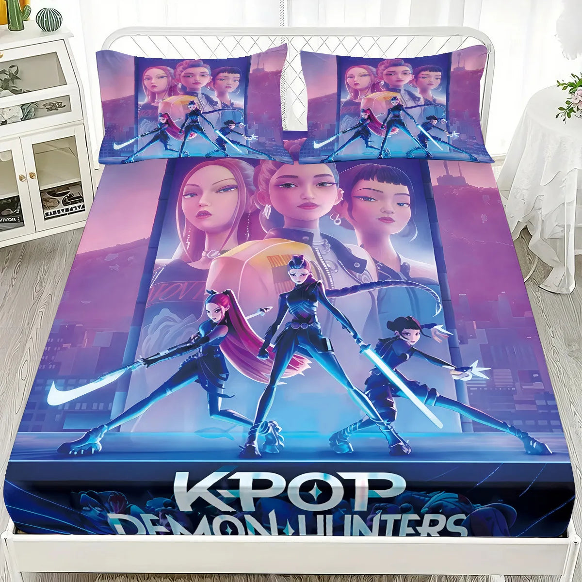 1PC KPOP Fitted Sheet Demon Hunters Soft Polyester Bed Fitted Sheet With Elastic Band Home Decorations Birthday Gifts for Girls