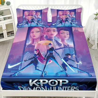 1PC KPOP Fitted Sheet Demon Hunters Soft Polyester Bed Fitted Sheet With Elastic Band Home Decorations Birthday Gifts for Girls