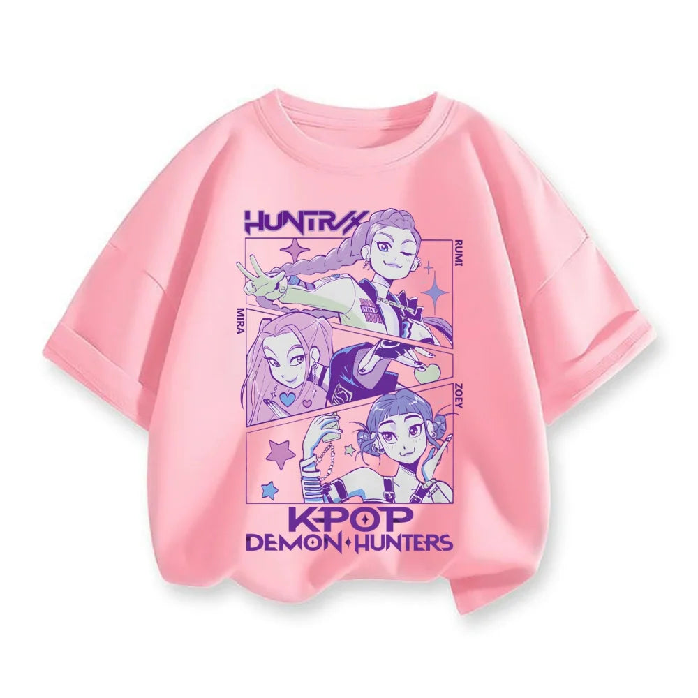 Kpop Demon Hunters Children's Clothing Short Sleeve T-shirt Cute Rumi Zoey Mira Shirts Harajuku Tops for Boys Girls Clothes Gif