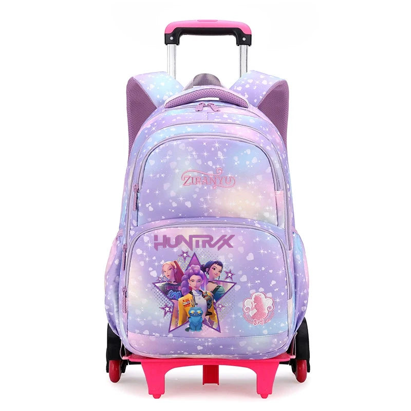 K팝 데몬헌터 키즈 백팩 귀여운 만화 프린트 학교 백팩 여아 휴대용 트롤리 학교 가방 어린이 생일 선물