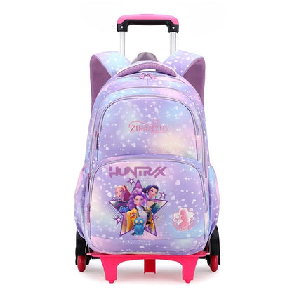 K팝 데몬헌터 키즈 백팩 귀여운 만화 프린트 학교 백팩 여아 휴대용 트롤리 학교 가방 어린이 생일 선물