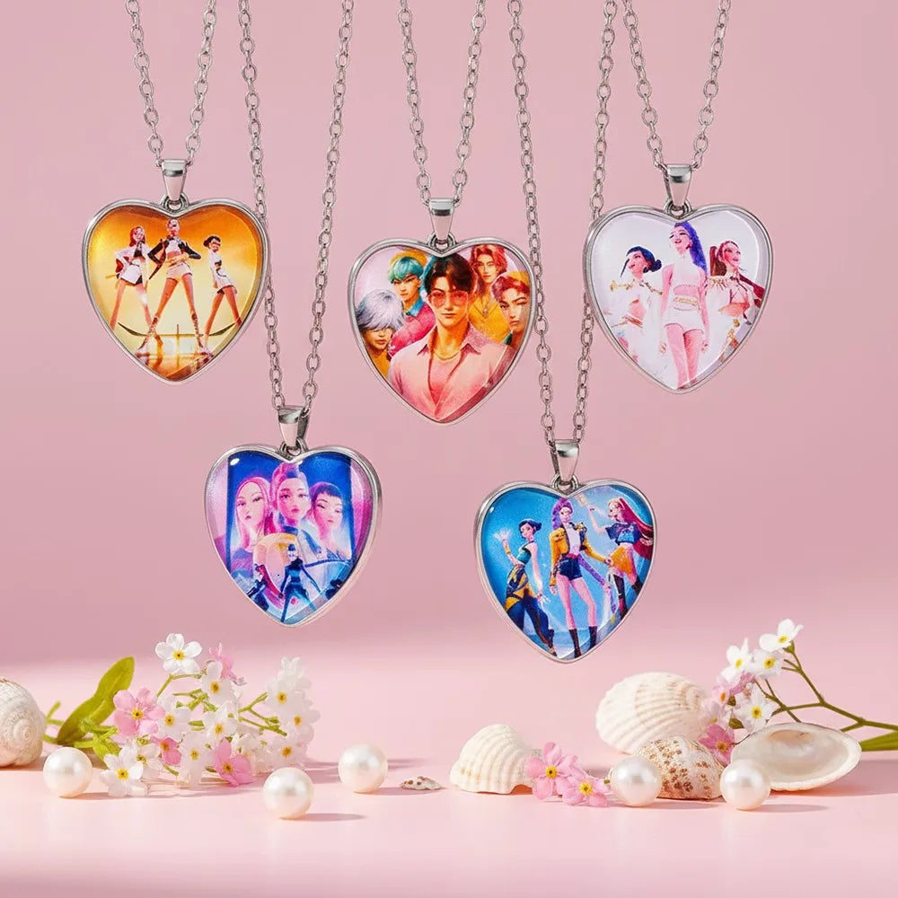 Cartoon K-Pop Demon Hunter Creative Heart Design Necklace Pendant Rumi Mira Zoey Fashion Jewelry Accessories for Fans Gift