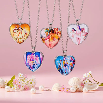 Cartoon K-Pop Demon Hunter Creative Heart Design Necklace Pendant Rumi Mira Zoey Fashion Jewelry Accessories for Fans Gift