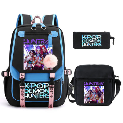 KPop Demon Hunters Backpack Shoulder Bag Pencil Case Three Piece Set Children Fashion Casual SchoolBag Saja Boys Travel Backpack