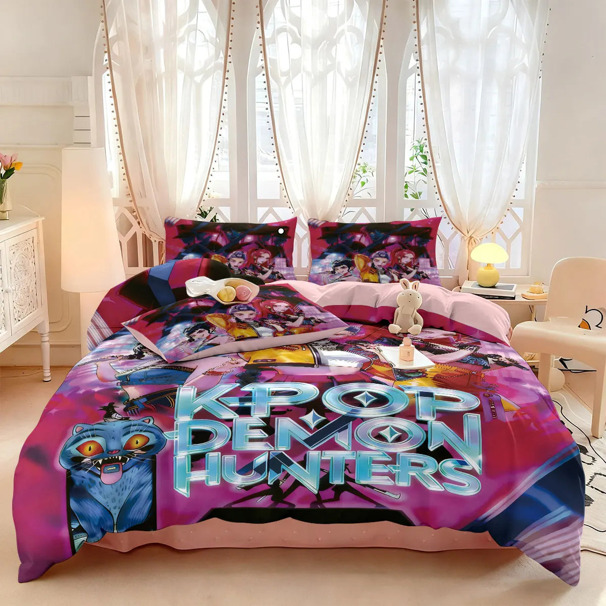 3pcs K-Pop Demon Hunters Chipless Quilt Set, Multi Size Bedrooms, Dormitory Bedding Decoration, Machine Washable