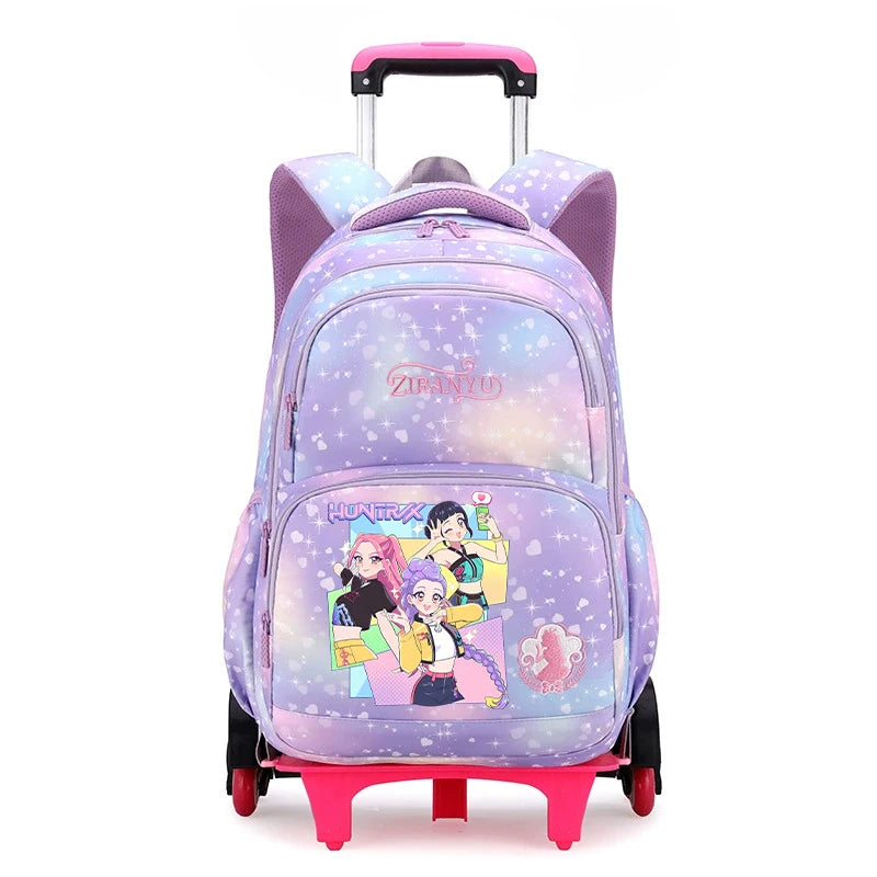 K팝 데몬헌터 키즈 백팩 귀여운 만화 프린트 학교 백팩 여아 휴대용 트롤리 학교 가방 어린이 생일 선물