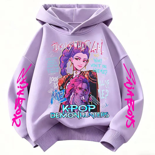 Boys Fashion Casual Tops Casual Black Clothing New Saja Boys Derpy KPop Demon Hunter Cartoon Boy Hooded Sweatshirt Warm Wave