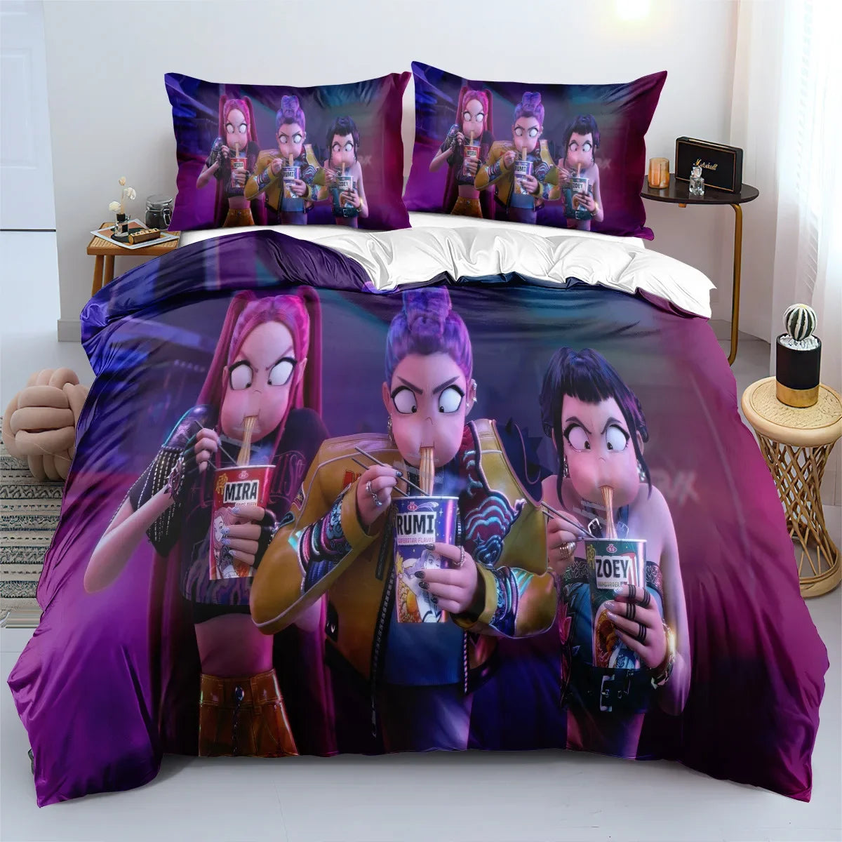 K-Pop Bedding Set Demon Hunters Themed Colorful Print Polyester Student Dormitory Bed Sheet Duvet Cover Kid Gift Home Textile