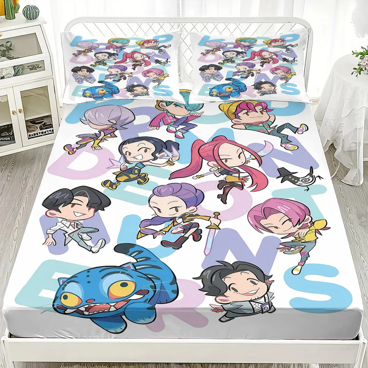 1PC KPOP Fitted Sheet Demon Hunters Soft Polyester Bed Fitted Sheet With Elastic Band Home Decorations Birthday Gifts for Girls