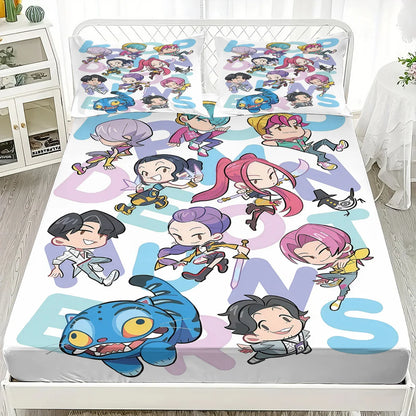 1PC KPOP Fitted Sheet Demon Hunters Soft Polyester Bed Fitted Sheet With Elastic Band Home Decorations Birthday Gifts for Girls