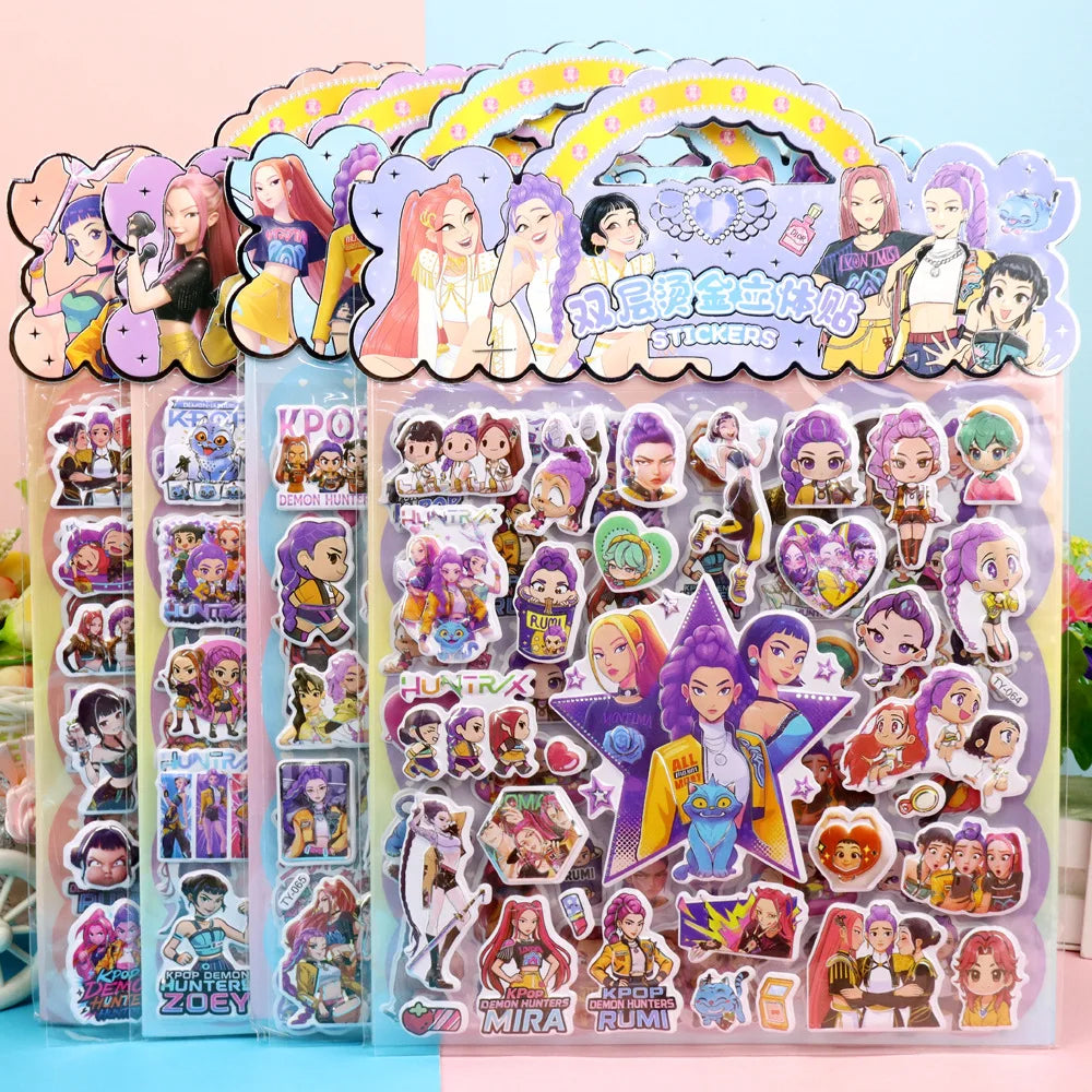 Anime Kpop Demon Hunters Cartoon Double Layered 3D Bubble Stickers DIY Laptop Phone Fridge Handbook Journaling Decor Stickers