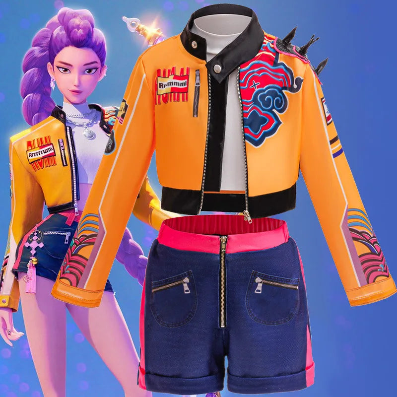 Girls K-POP Demon Hunters Rumi Cosplay Costume Rumi Coat T Shirt Shourts Kid Halloween Party Costume