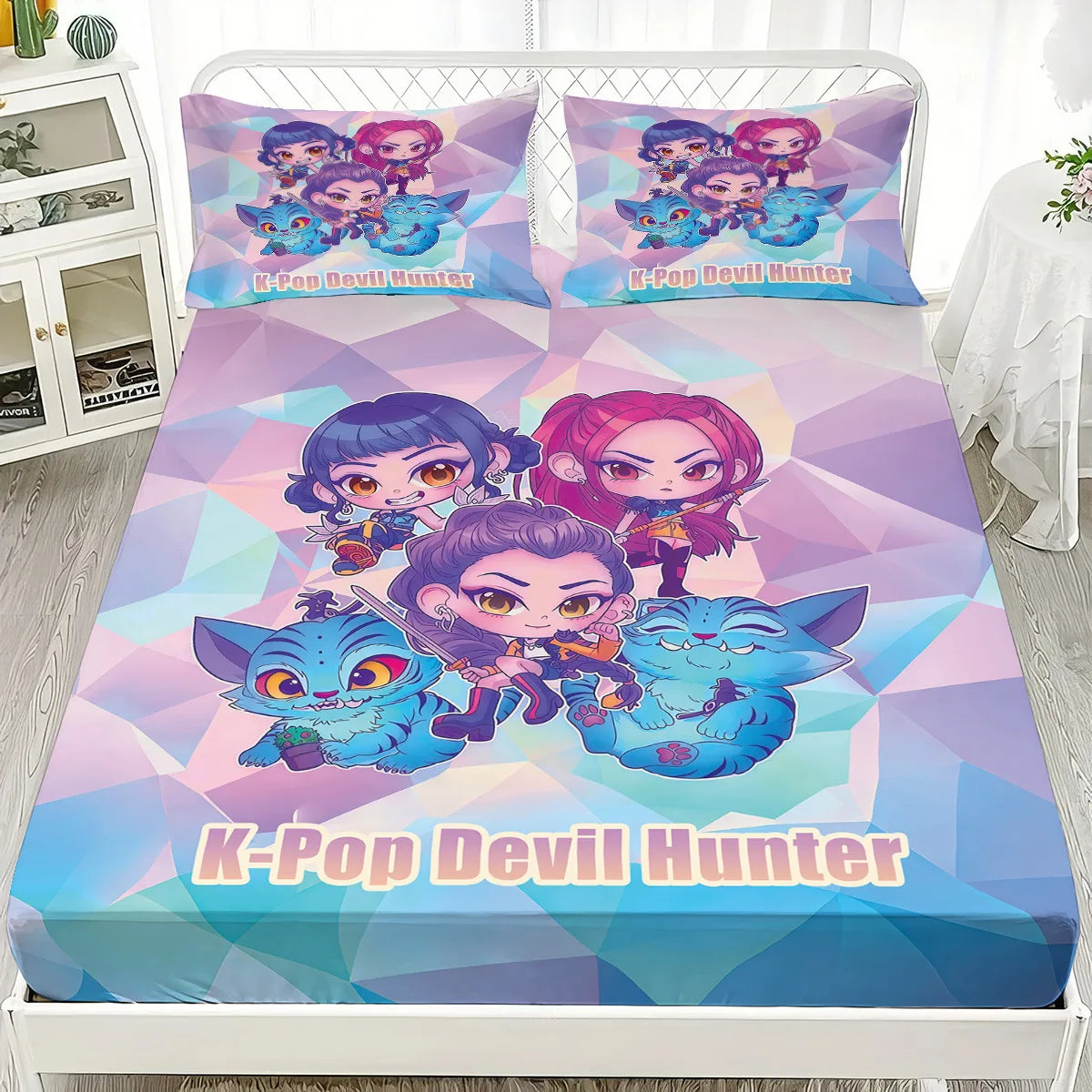 1PC KPOP Fitted Sheet Demon Hunters Soft Polyester Bed Fitted Sheet With Elastic Band Home Decorations Birthday Gifts for Girls
