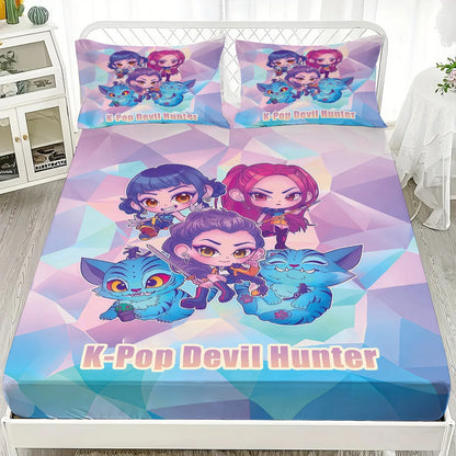 1PC KPOP Fitted Sheet Demon Hunters Soft Polyester Bed Fitted Sheet With Elastic Band Home Decorations Birthday Gifts for Girls