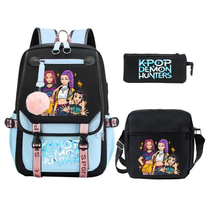 KPop Demon Hunters Backpack Shoulder Bag Pencil Case Three Piece Set Children Fashion Casual SchoolBag Saja Boys Travel Backpack