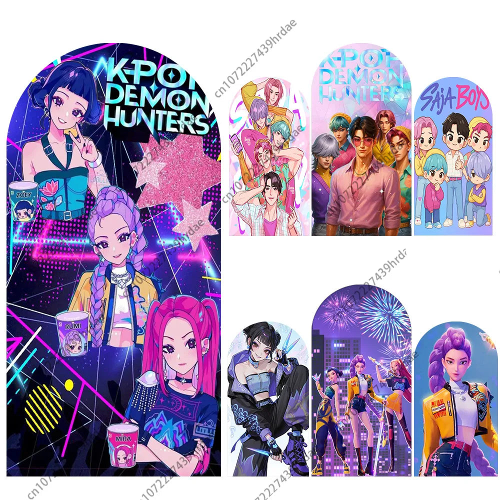 KPop Demon Hunters Backdrop Arch Cover Boy Band Girl Birthday Party Background Decoration Wall Princess Singing Group Concert
