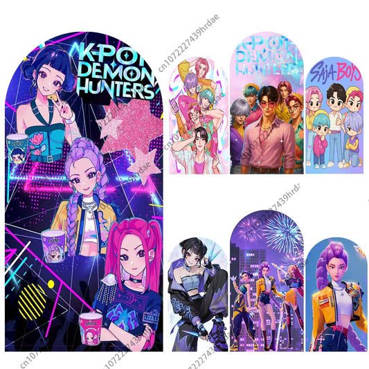 KPop Demon Hunters Backdrop Arch Cover Boy Band Girl Birthday Party Background Decoration Wall Princess Singing Group Concert