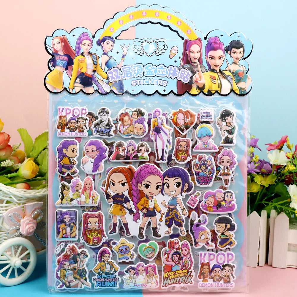 Anime Kpop Demon Hunters Cartoon Double Layered 3D Bubble Stickers DIY Laptop Phone Fridge Handbook Journaling Decor Stickers