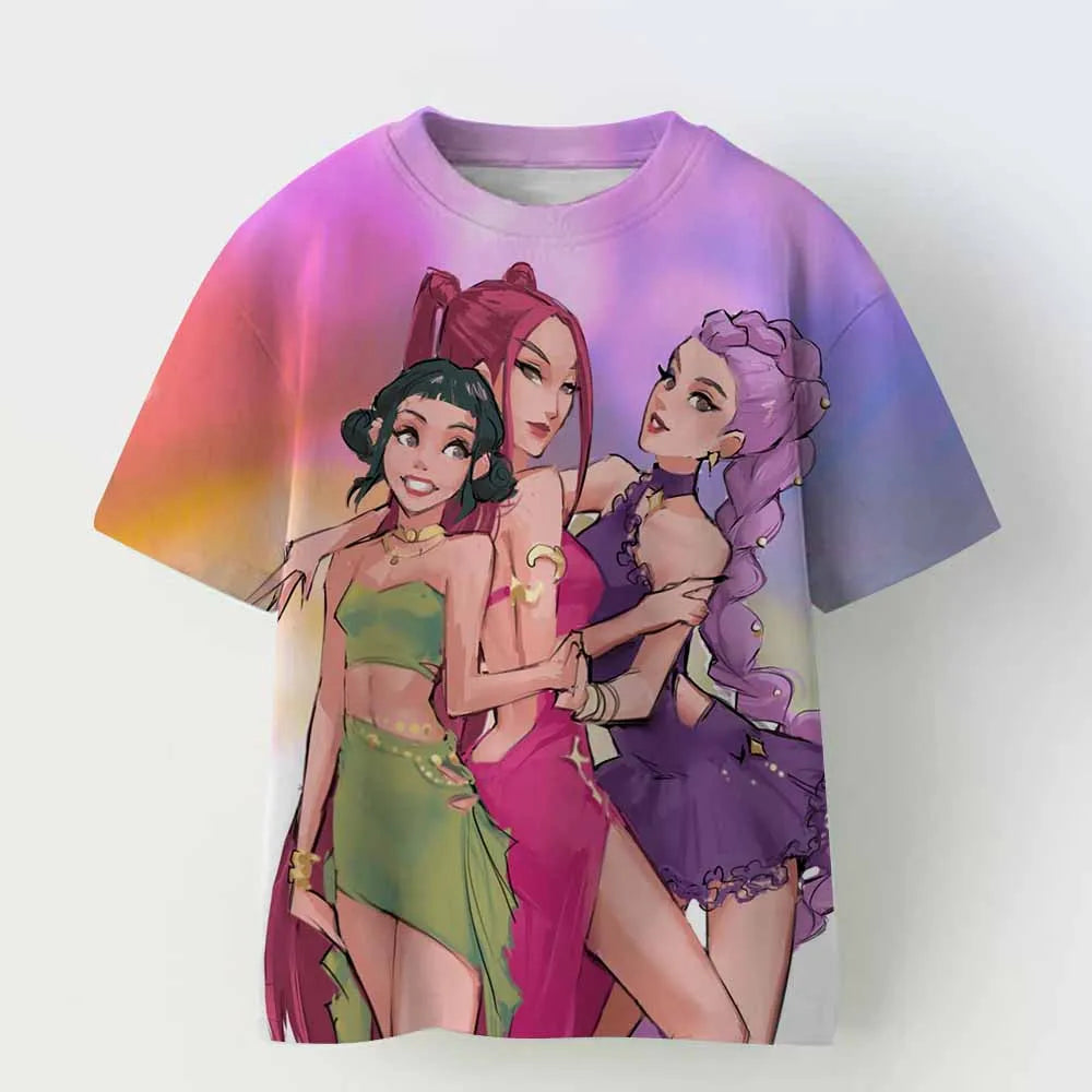 Demon Hunters Kpop T-shirt Girls Boys Short Sleeve Purple Tee Anime Children's Clothing Huntrix Tiger Harajuku Tops Tshirt Gifts
