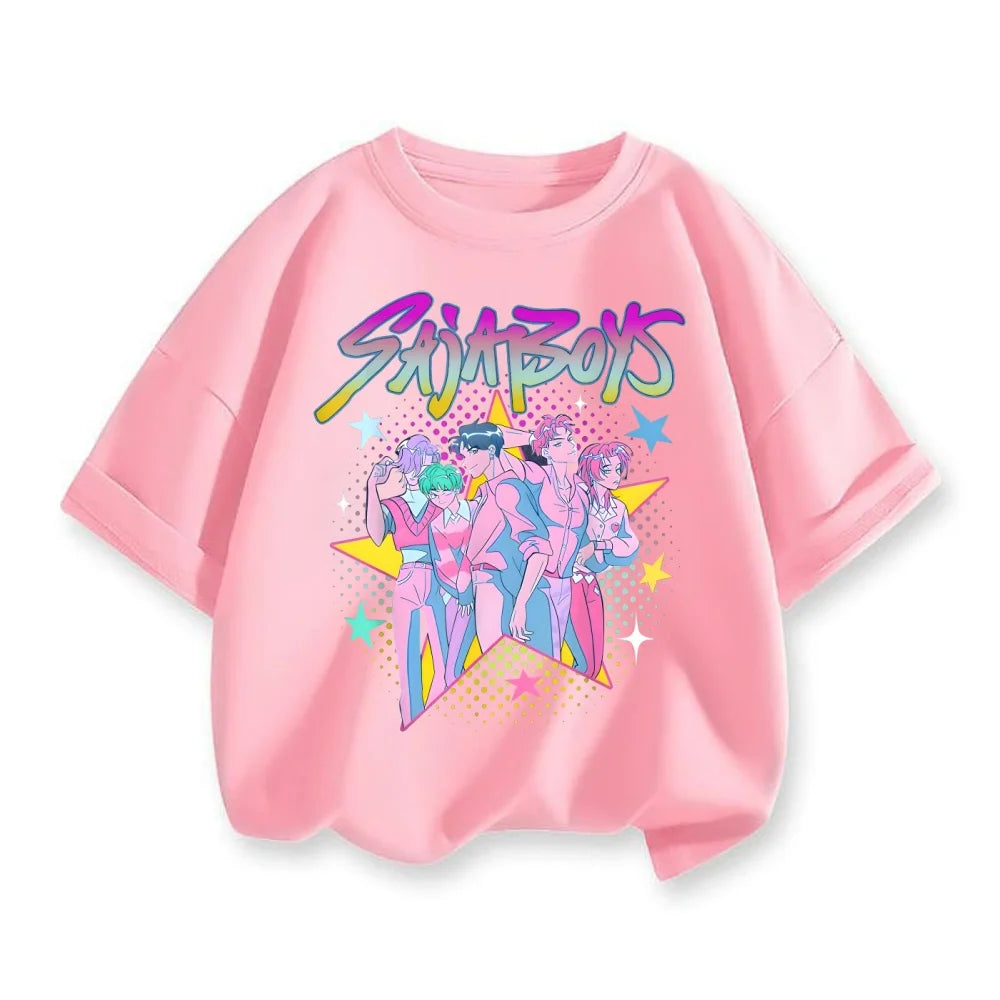 Cute Cartoon Kpop Demon Hunters Huntrix T-shirts Summer Boys Girls Short Sleeve Round Neck Tops Anime Kpop Demon Hunters T Shirt