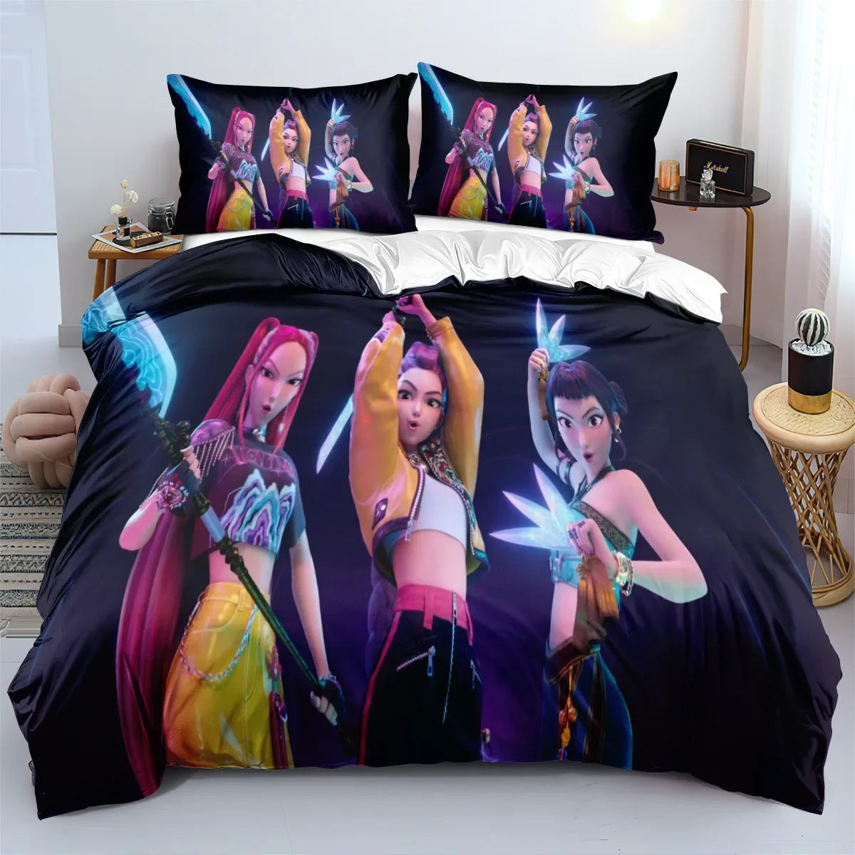 K-Pop Bedding Set Demon Hunters Themed Colorful Print Polyester Student Dormitory Bed Sheet Duvet Cover Kid Gift Home Textile