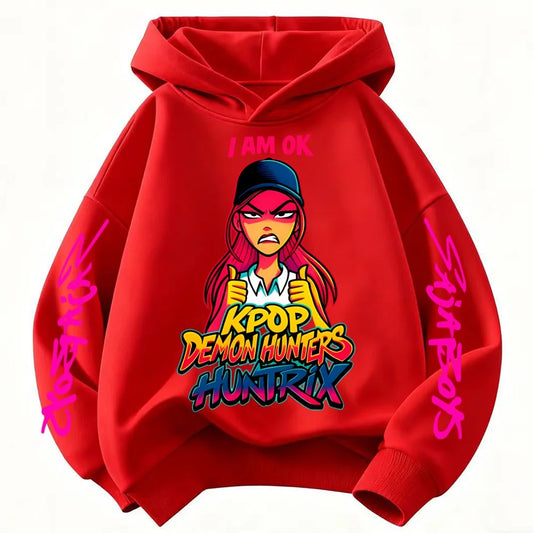 Cute Derpy KPop Demon Hunter Cartoon Girls Hooded Sweatshirt Warm Children's Wave Fashion Casual Tops Casual Black Pink Clothing
