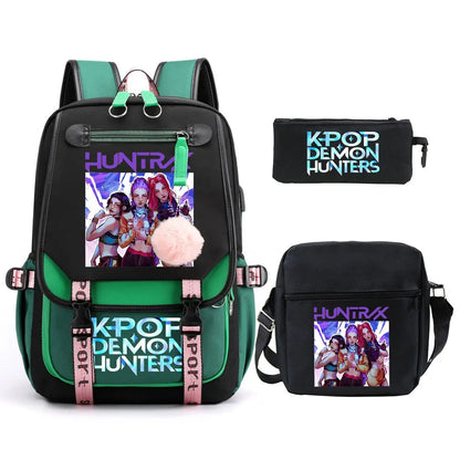 KPop Demon Hunters Backpack Shoulder Bag Pencil Case Three Piece Set Children Fashion Casual SchoolBag Saja Boys Travel Backpack