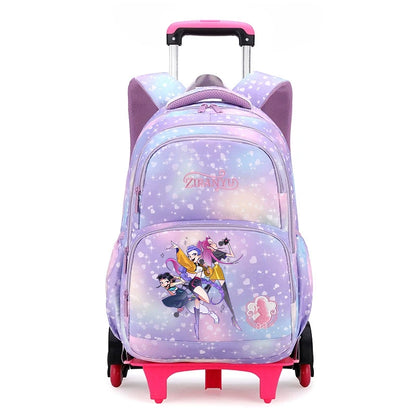 K팝 데몬헌터 키즈 백팩 귀여운 만화 프린트 학교 백팩 여아 휴대용 트롤리 학교 가방 어린이 생일 선물