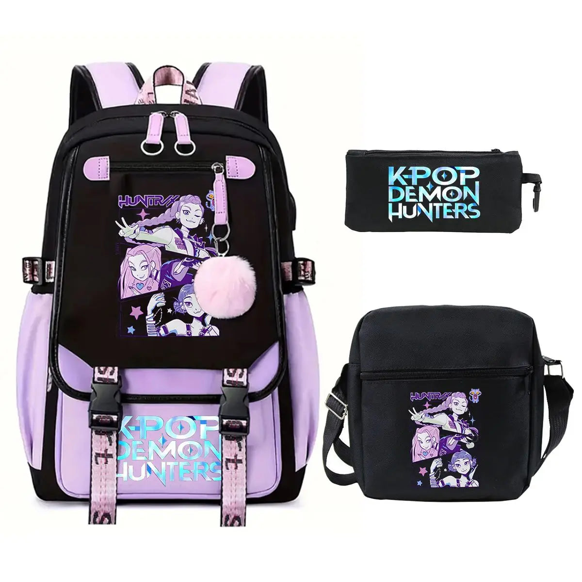 KPop Demon Hunters Backpack Shoulder Bag Pencil Case Three Piece Set Children Fashion Casual SchoolBag Saja Boys Travel Backpack