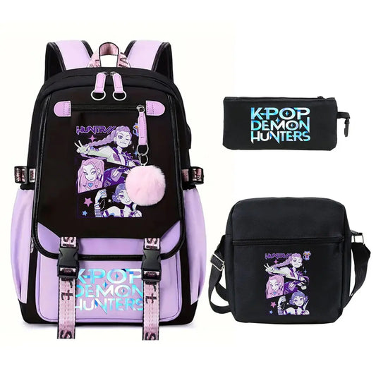 KPop Demon Hunters Backpack Shoulder Bag Pencil Case Three Piece Set Children Fashion Casual SchoolBag Saja Boys Travel Backpack