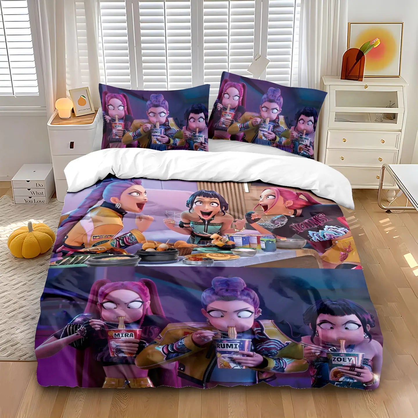 3pcs Cartoon K-Pop Demon Hunters Print Coreless Duvet Cover Set Multi Size Bedroom Dormitory Comfortable, Machine Washable