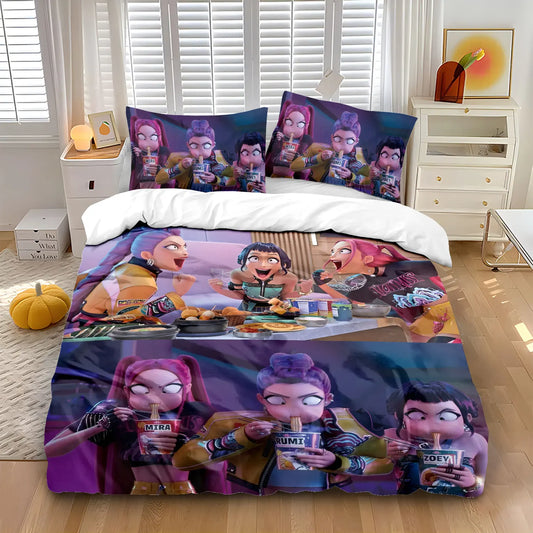 3pcs Cartoon K-Pop Demon Hunters Print Coreless Duvet Cover Set Multi Size Bedroom Dormitory Comfortable, Machine Washable