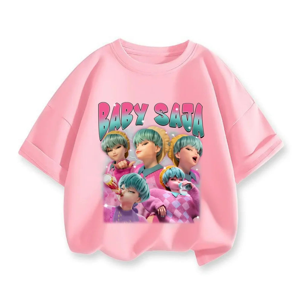 Cute Cartoon Kpop Demon Hunters Huntrix T-shirts Summer Boys Girls Short Sleeve Round Neck Tops Anime Kpop Demon Hunters T Shirt