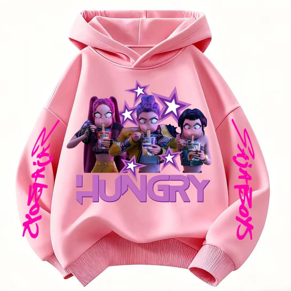 KPop Demon Hunter Cartoon Cute Girls Hooded Sweatshirt Warm Rumi Children's Wave Fashion Casual Tops Casual Black Pink Clothing