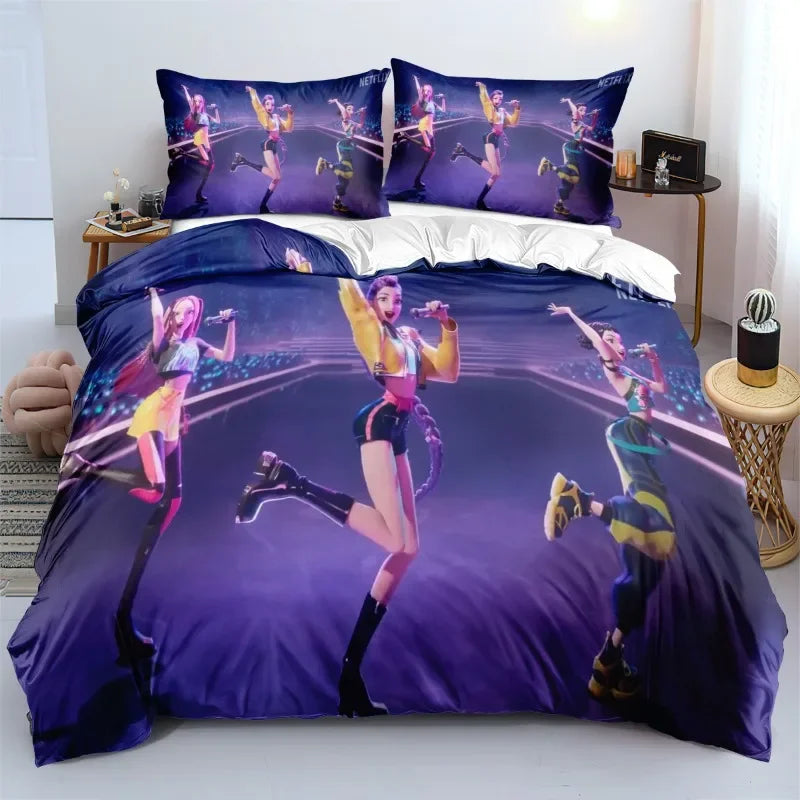 K-Pop Bedding Set Demon Hunters Themed pink or Black other side Print Polyester Student Dormitory  Duvet Cover Boys Girls Gift