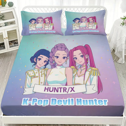 1PC KPOP Fitted Sheet Demon Hunters Soft Polyester Bed Fitted Sheet With Elastic Band Home Decorations Birthday Gifts for Girls