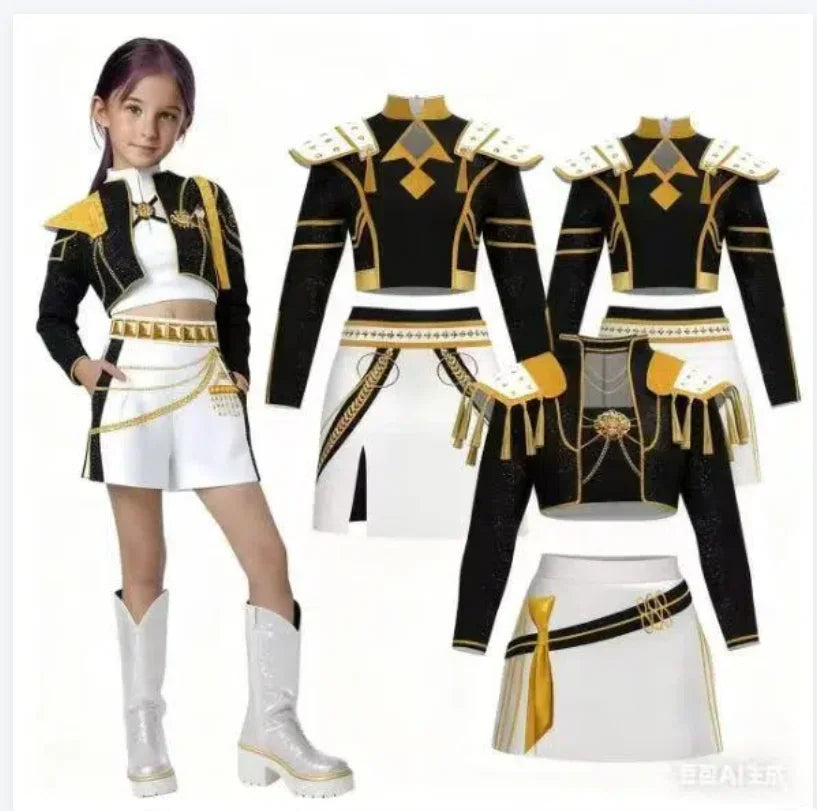 Girls Rumi Zoey Mira Cosplay KPop Demon Hunters Cosplay Costume Children Black Golden Suit Halloween Huntrix Role Playing Outfit